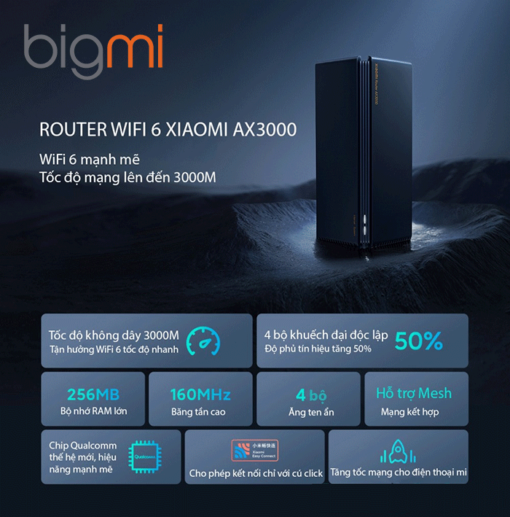 Bộ phát Router Wifi Xiaomi AX3000 băng tần kép - Wifi 6 3000Mbps - hỗ trợ Mesh - kết nối 128 thiết bị