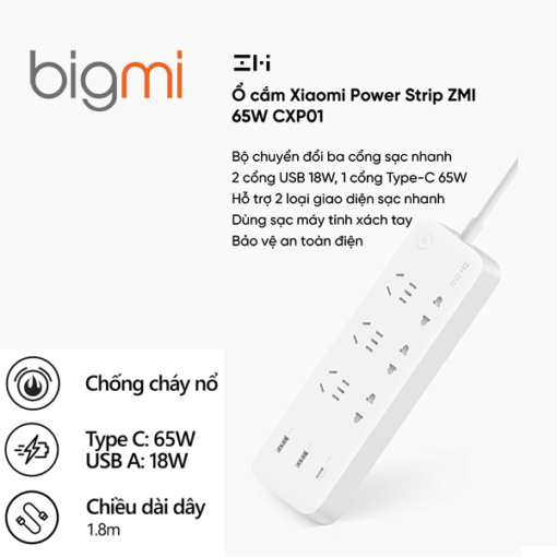 Ổ cắm 6 cổng Xiaomi Zmi CXP01 Power Strip 65w
