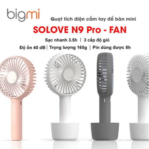 Quạt SOLOVE N9 Pro - FAN tích điện cầm tay để bàn mini 3 cấp gió, tích hợp đế sạc không dây