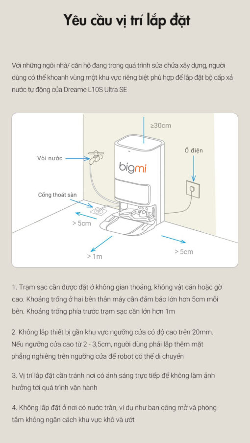 yeu cau vi tri lap dat Bo bom xa nuoc tu dong Dreame L10s Ultra SE