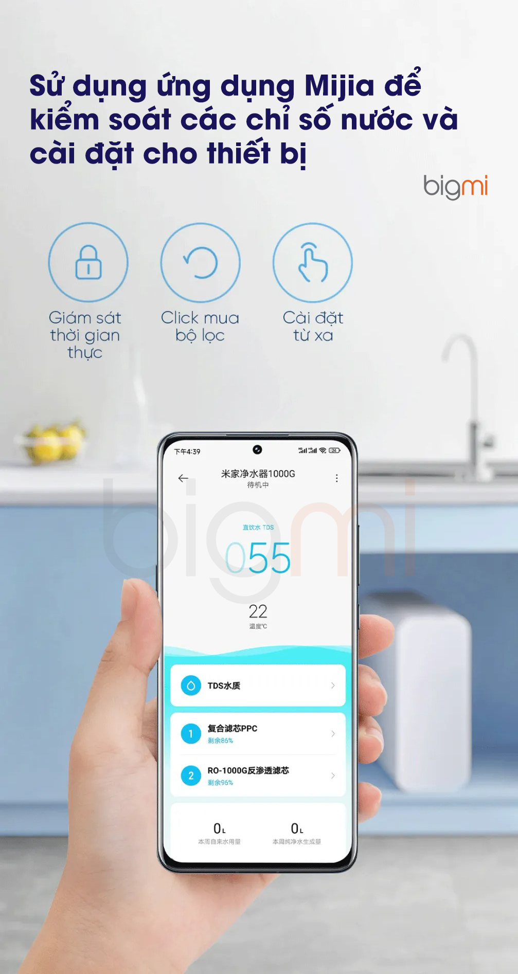 Kiem soat thong so cua nuoc thong qua ung dung tren May loc nuoc Xiaomi Mijia 1000G MR1082