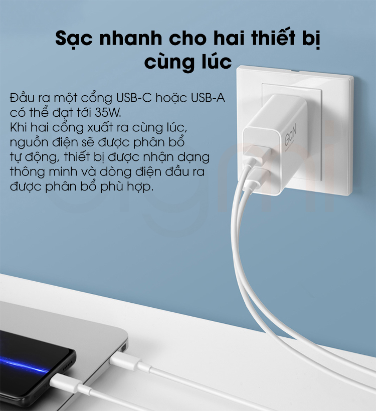 Cu sac nhanh GaN 35W 1A1C Xiaomi MDY 14 ET sac 2 thiet bi cung luc