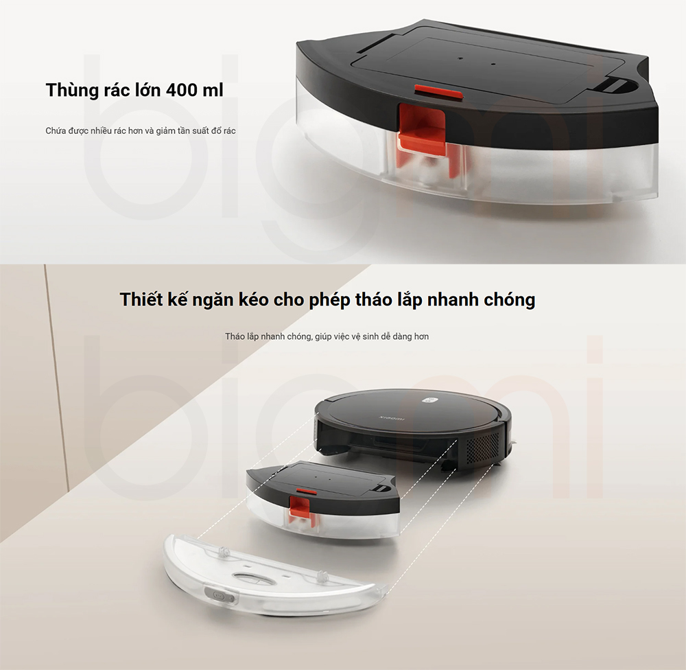 Robot hut bui lau nha Xiaomi Vacuum E5 trang bi thung chua rac 400ml