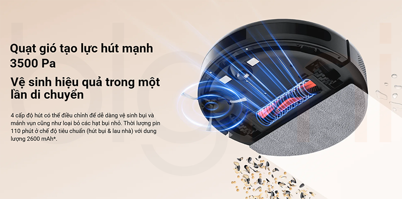 Robot hut bui lau nha Xiaomi Vacuum E10C lam sach hieu qua voi luc hut 3500pa