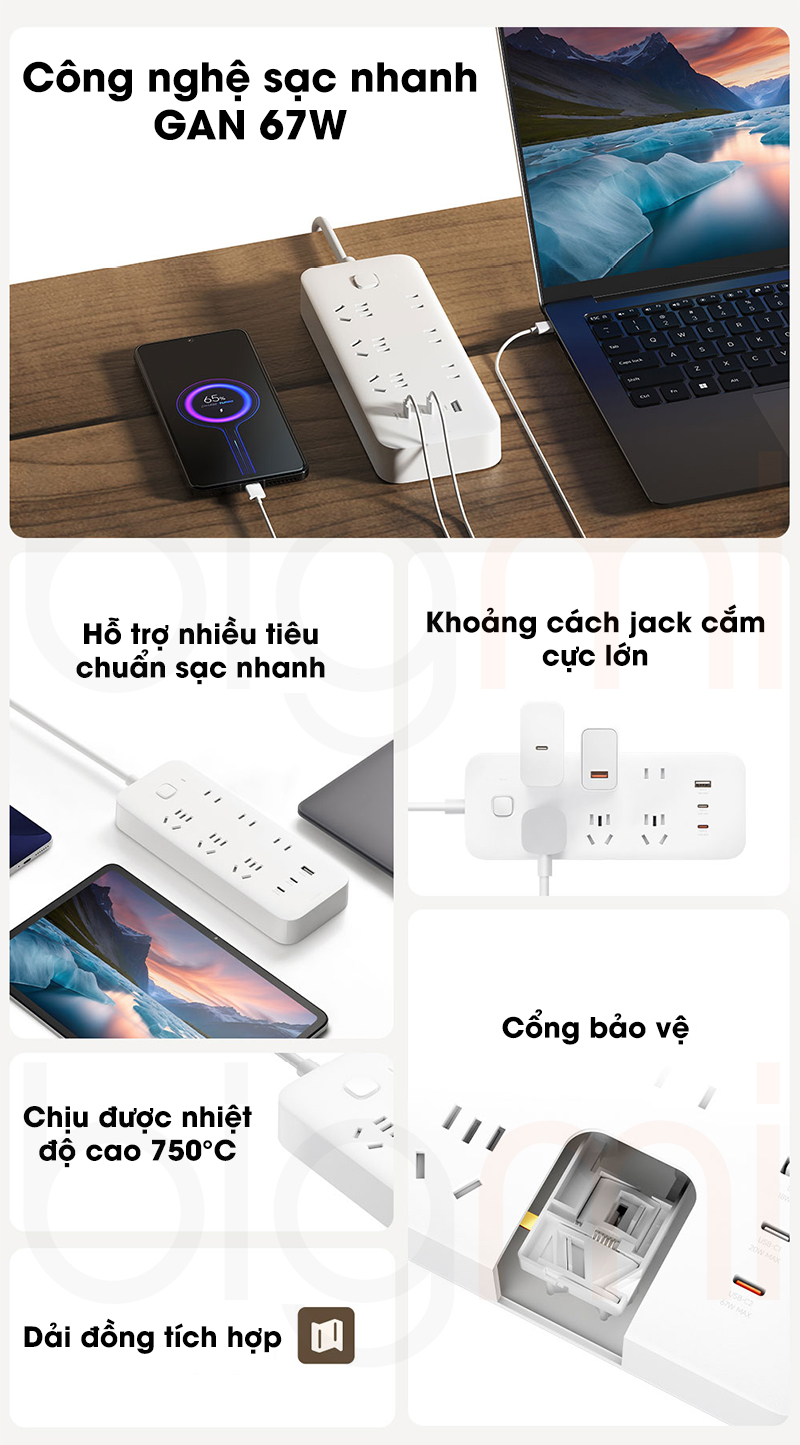O cam dien Xiaomi 6 cong sac nhanh GAN 67W Power Strip CXB6 3QM