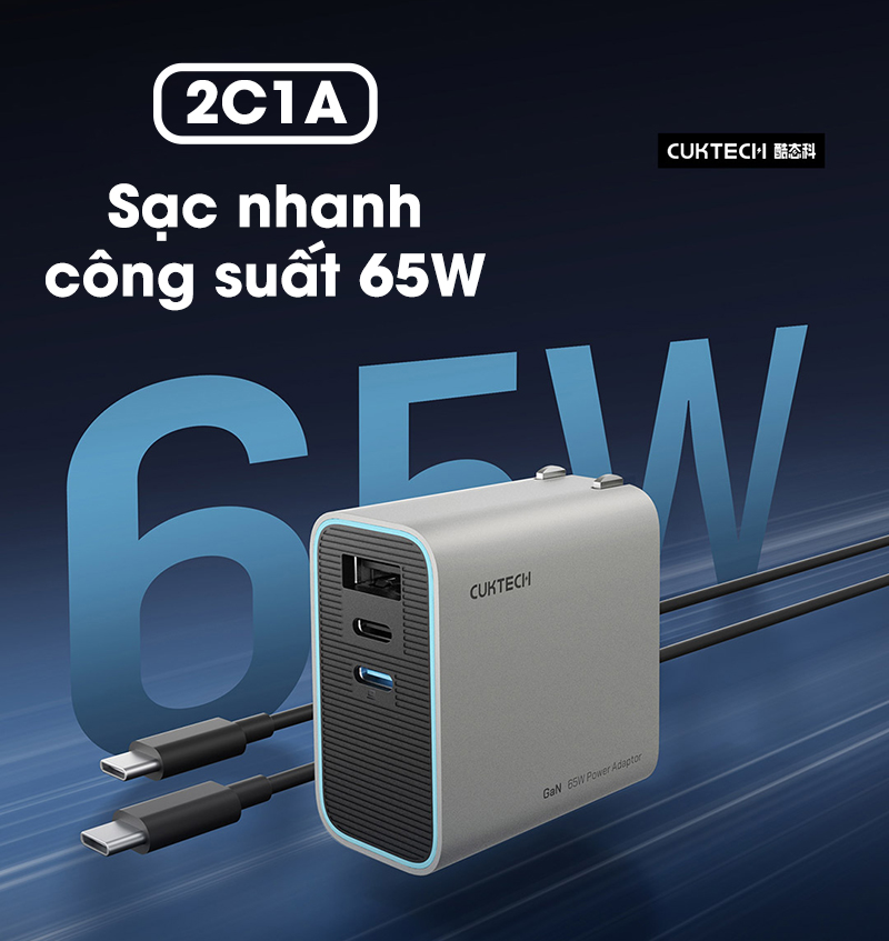 Cu sac nhanh 65W GaN CUKTECH AD653C kich thuoc nho gon