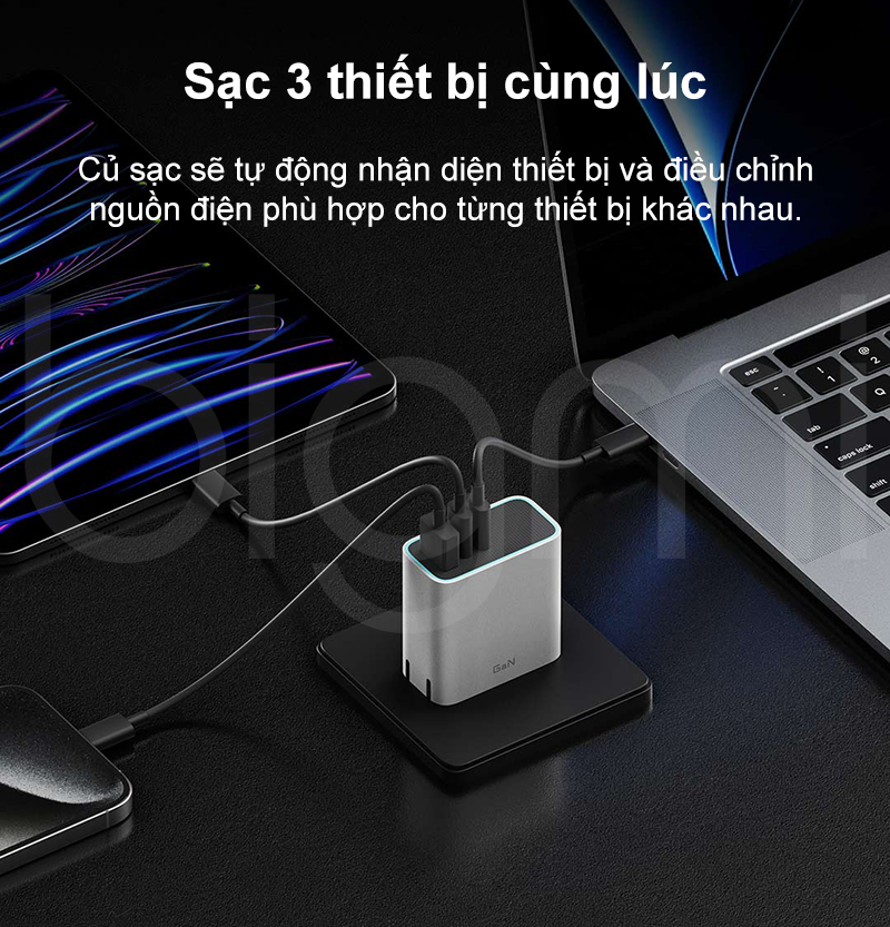 Cu sac nhanh 65W GaN CUKTECH AD653C sac 3 thiet bi cung luc