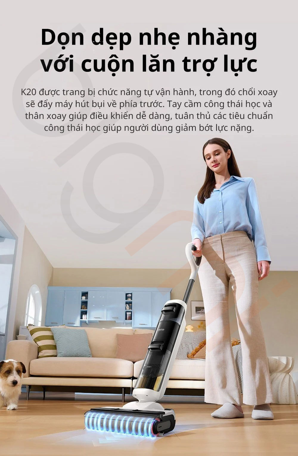 May hut bui lau san kho va uot da nang Mova K20 don dep nhe nhang
