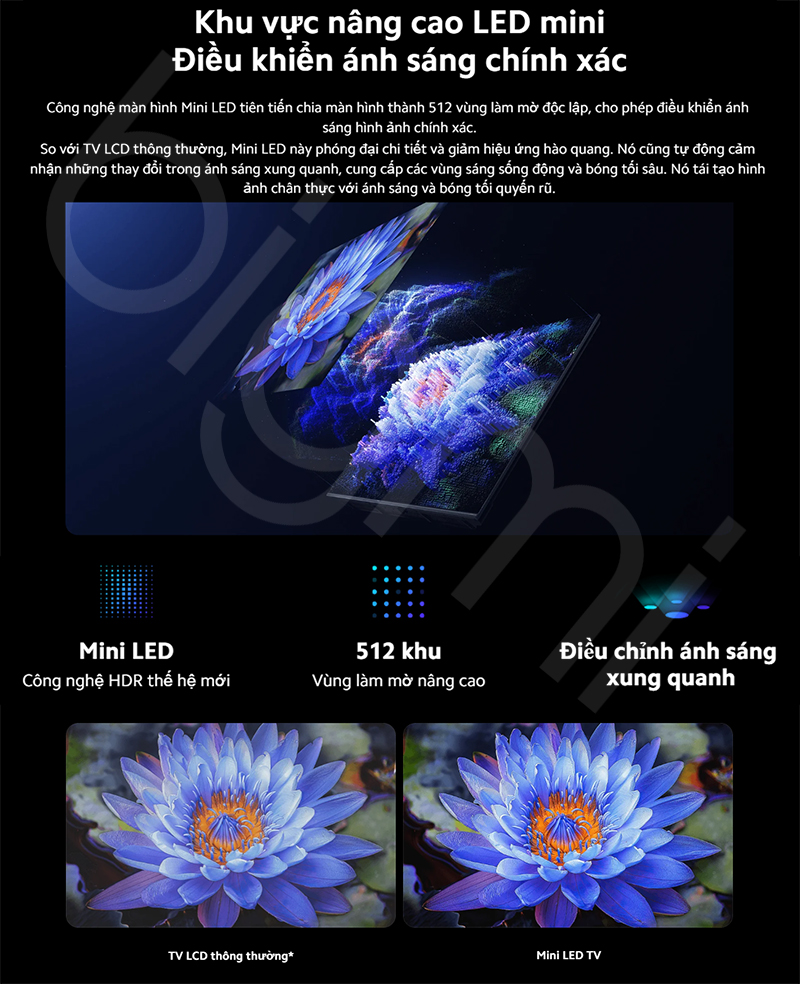 Google Tivi Xiaomi S Mini LED 75 inch 2025 phan vung den nen