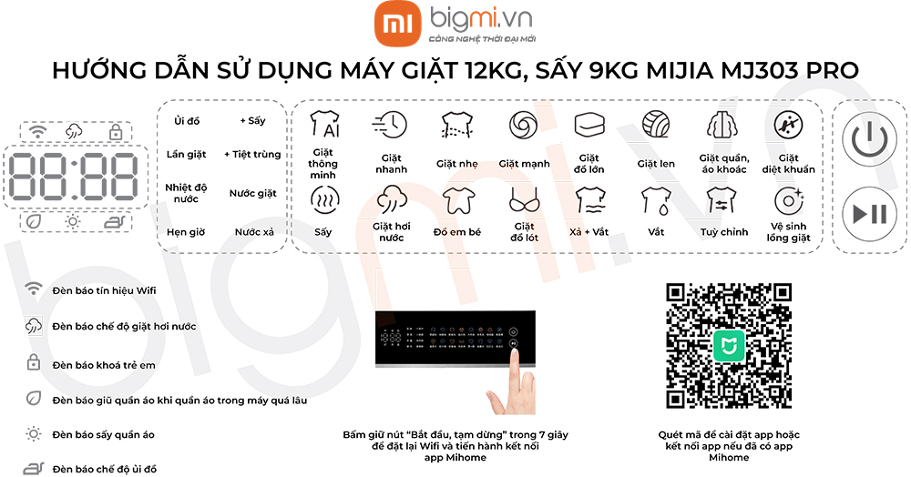 Huong dan su dung may giat say Xiaomi Mijia MJ303 Pro 2025 giat 12kg say 9kg