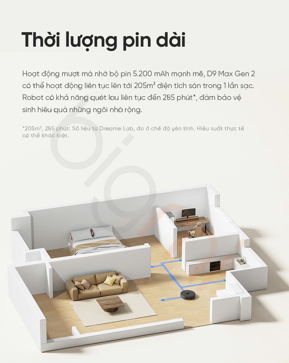 Robot hut bui lau nha Dreame D9 Max Gen 2 thoi luong pin