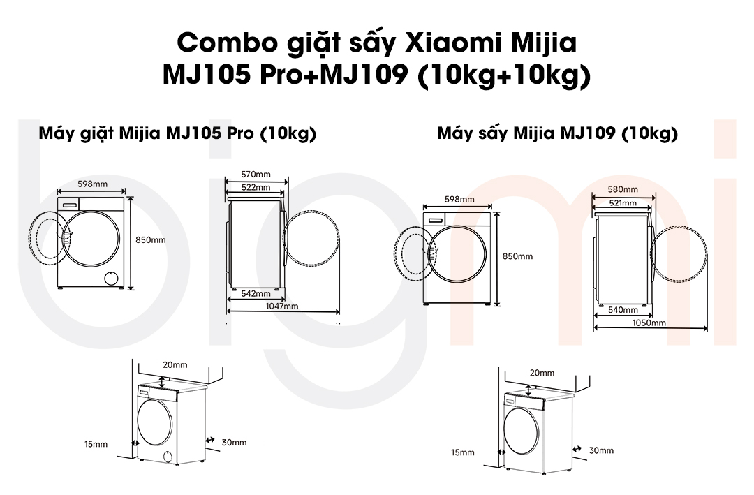 Combo giat say Xiaomi Mijia MJ105 ProMJ109 10kg10kg thiet ke sieu mong