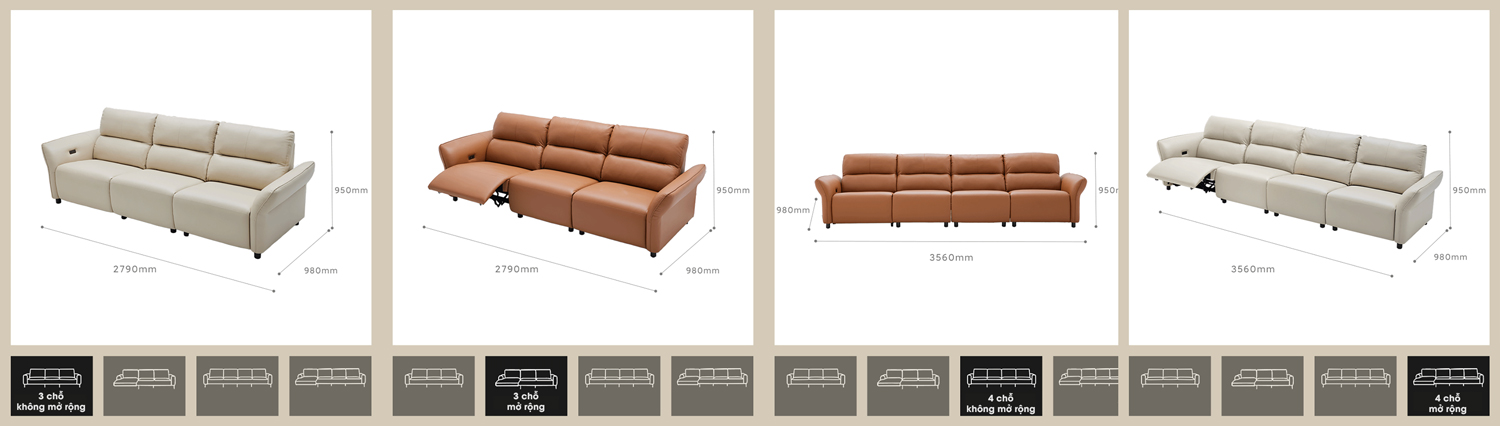 Ghế sofa điện 3, 4 chỗ Xiaomi 8H B6S Cloud Toast - Da bò cao cấp từ Bắc Mỹ, độ ngả 100°-160° 12 Kích thước Ghế sofa điện Xiaomi 8H B6S cho 2 phiên bản 3 và 4 chỗ