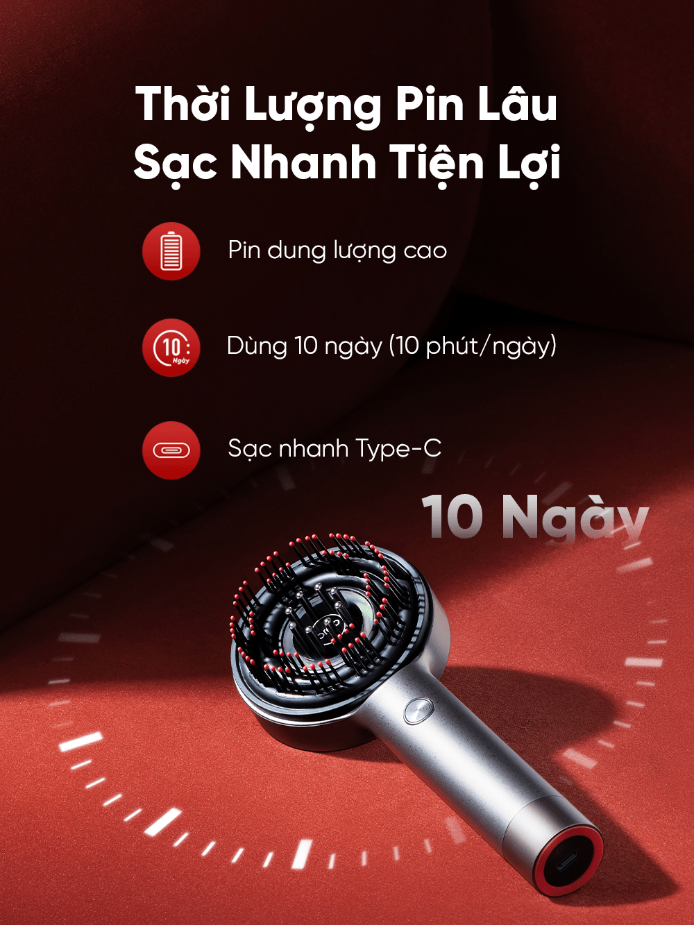 Lược điện massage da đầu Breo Scalp 3 có thời lượng pin dài