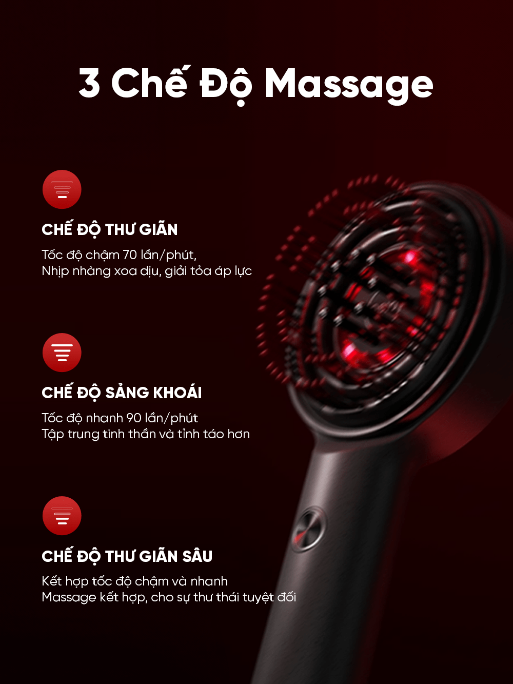 Lược điện massage da đầu Breo Scalp 3 gồm có 3 chế độ massage