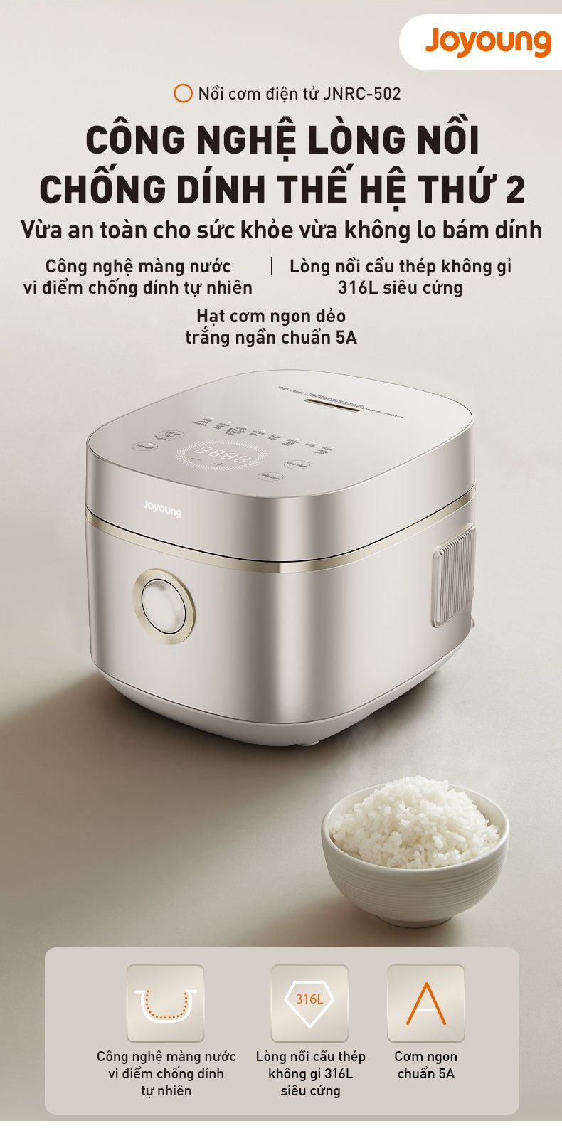 Nồi cơm điện tử 1.8L Joyoung JNRC-502 | Công suất 860W | Chống dính tự nhiên - Chính hãng 2 Noi com dien tu 1.8L Joyoung JNRC 502 bigmivn 1