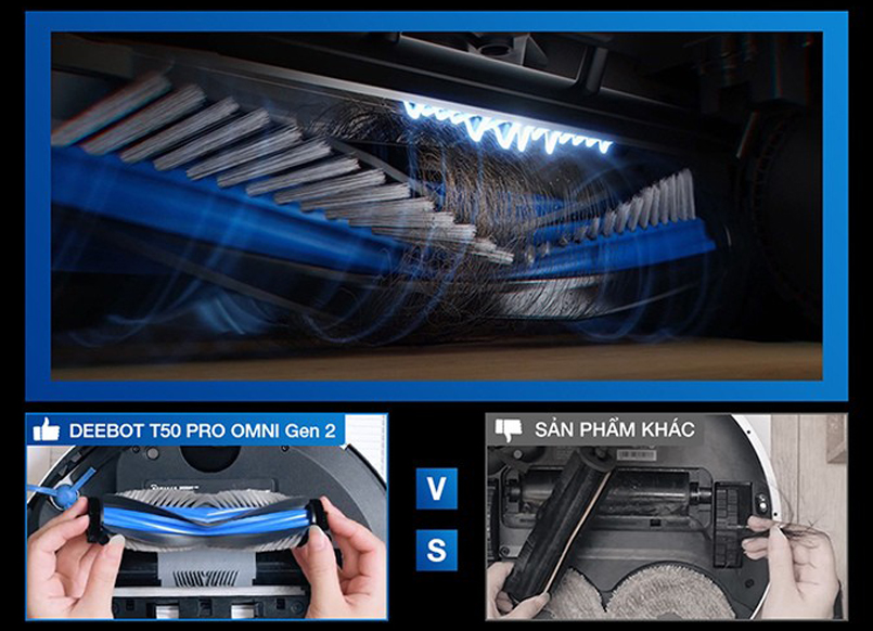 Công nghệ chổi chống rối tóc ZeroTangle 2.0 trên Ecovacs T50 Pro Gen 2