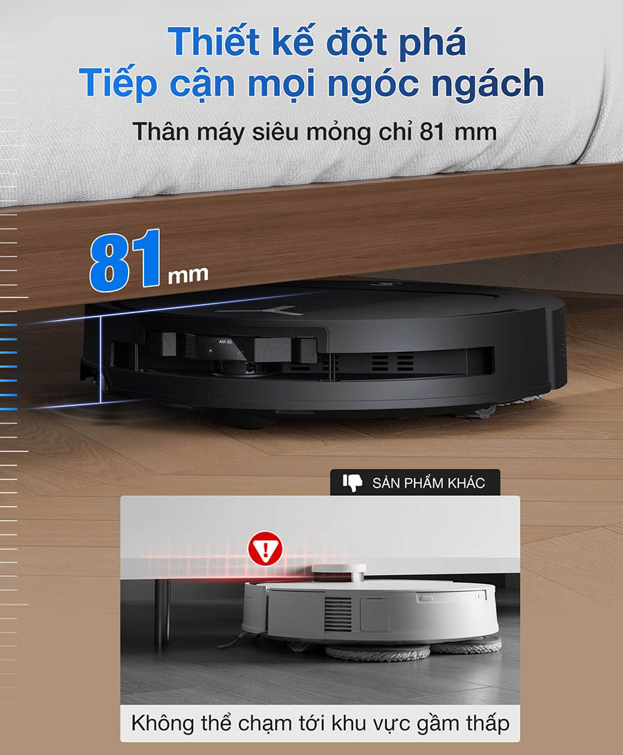 Thiết kế siêu mỏng 81mm giúp Ecovacs T50 Pro Gen 2 đi vào gầm thấp