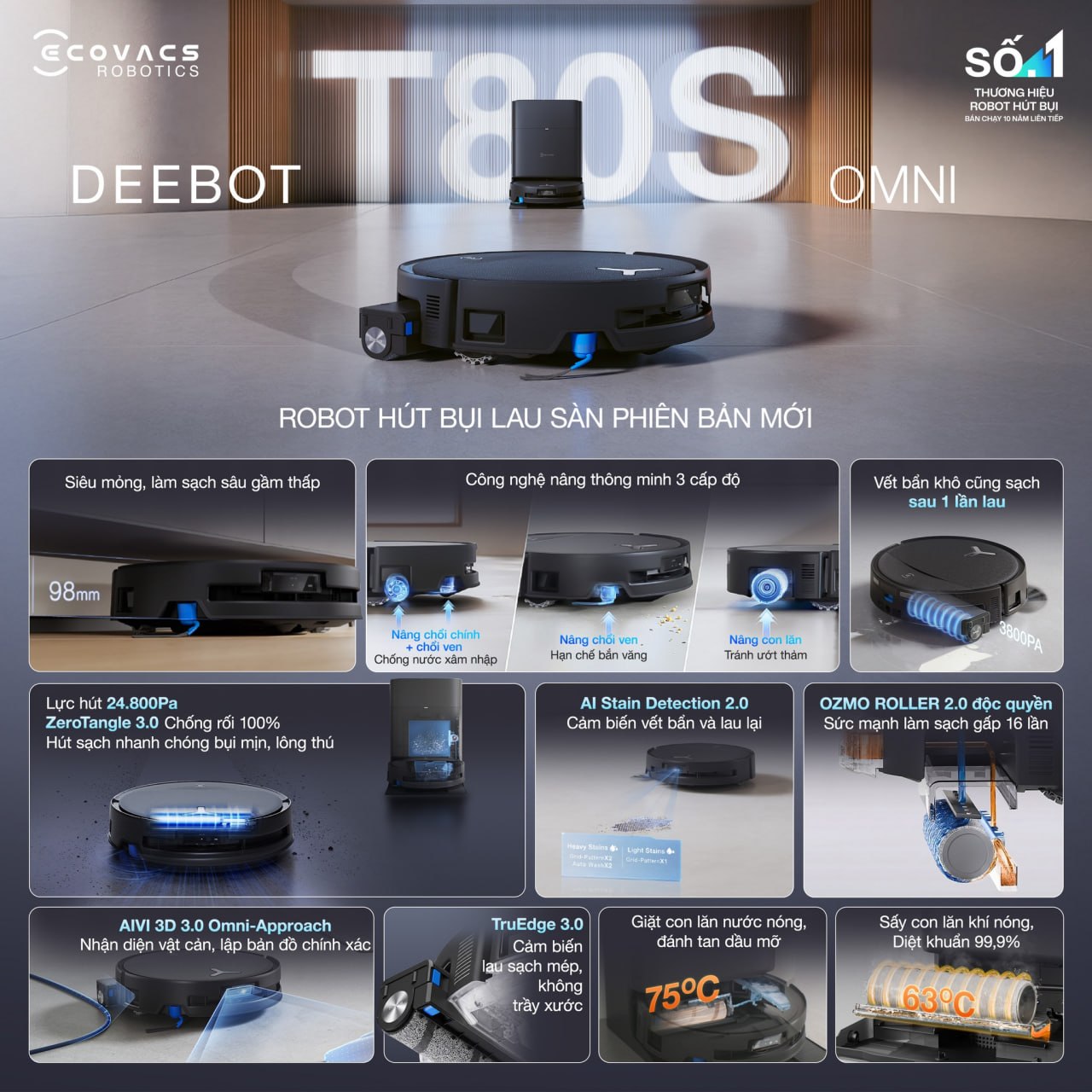 Tinh nang tren robot hut bui lau nha Ecovacs Deebot T80S Omni