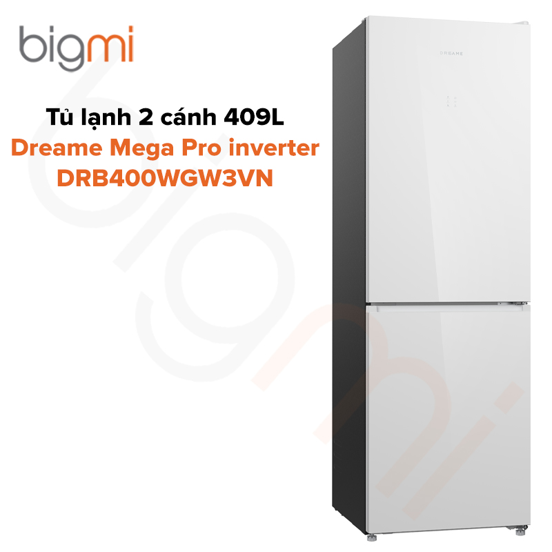Tủ lạnh Dreame 409L Mega Pro inverter 2 cánh mặt kính DRB400WGW3VN (màu trắng) - thiết kế siêu mỏng, ngăn đông mềm Freshflex đa năng