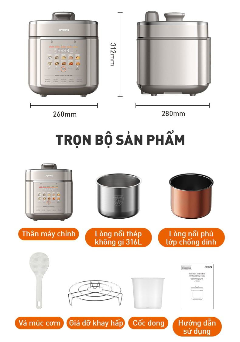 Nồi cơm áp suất điện tử 5L Joyoung JPRC-5150 | Công suất 900W | 2 lòng nồi - Chính hãng 16 Noi com ap suat dien tu 5L Joyoung JPRC 5150 bigmivn 15