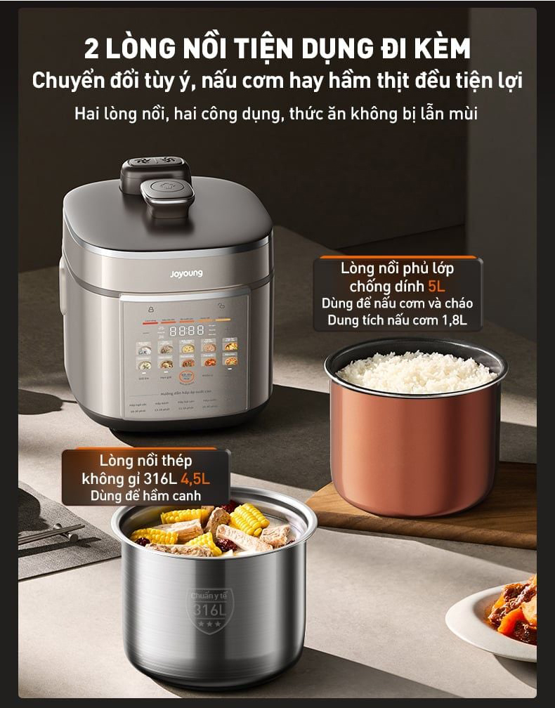 Nồi cơm áp suất điện tử 5L Joyoung JPRC-5150 | Công suất 900W | 2 lòng nồi - Chính hãng 8 Noi com ap suat dien tu 5L Joyoung JPRC 5150 bigmivn 7