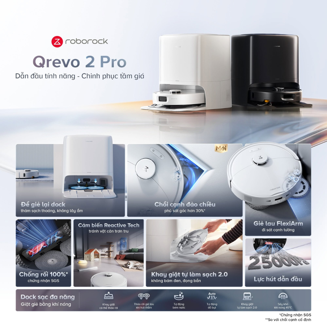 Robot hút bụi lau nhà Roborock Qrevo 2 Pro - Hàng chính hãng 4 tinh nang Robot hut bui lau nha Roborock Qrevo 2 Pro bigmivn
