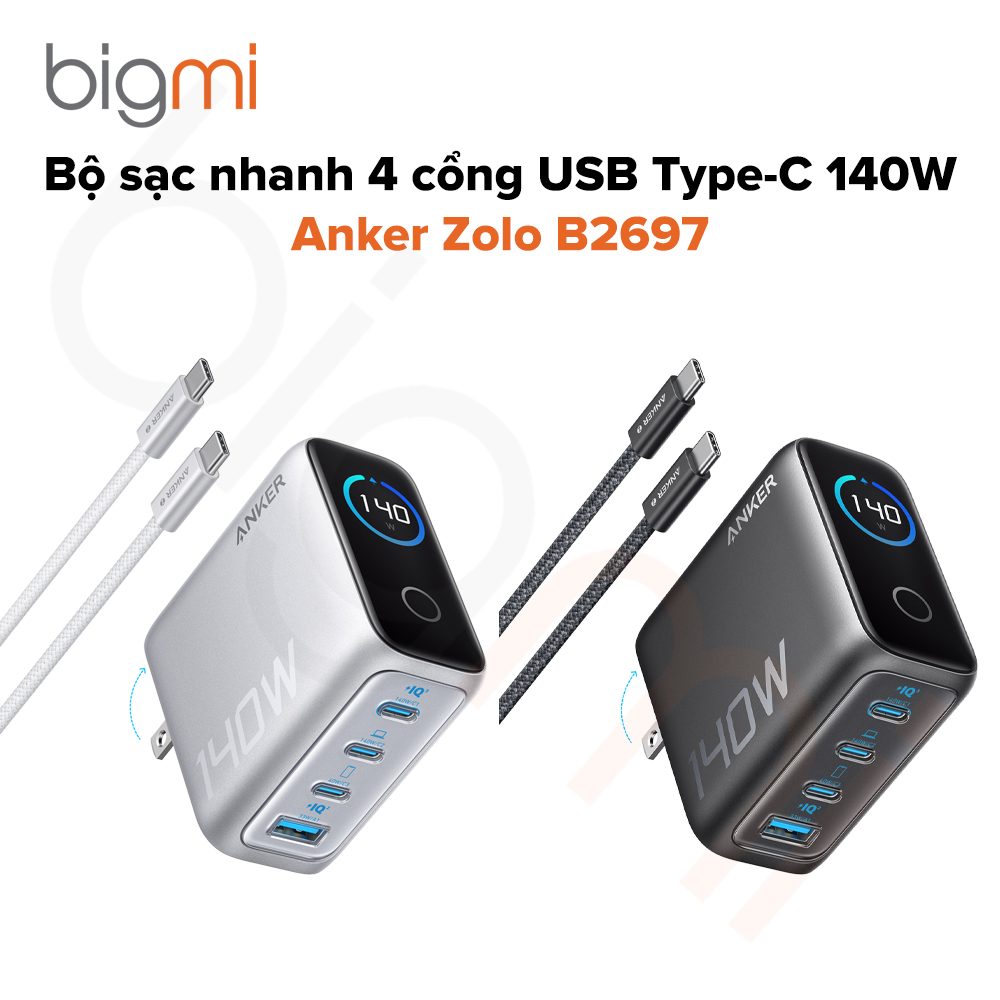 Bộ sạc nhanh 4 cổng USB Type-C 140W Anker Zolo B2697 kèm cáp C to C