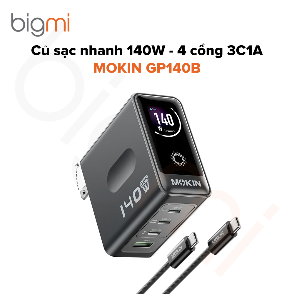 Củ sạc nhanh MOKIN GP140B 140W - 4 cổng 3C1A tích hợp màn hình