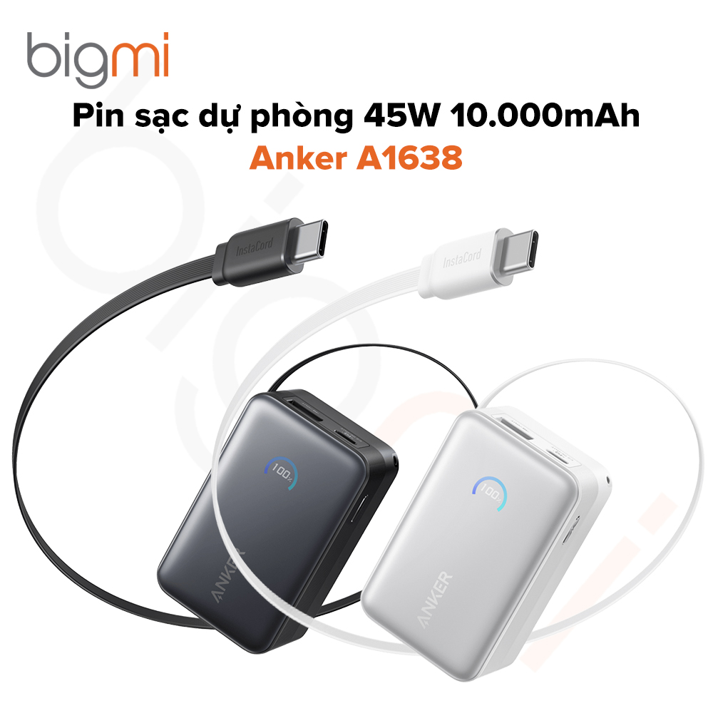 Pin sạc dự phòng Anker A1638 45W 10.000mAh PD QC 3.0 1A1C kèm cáp dây rút Type-C