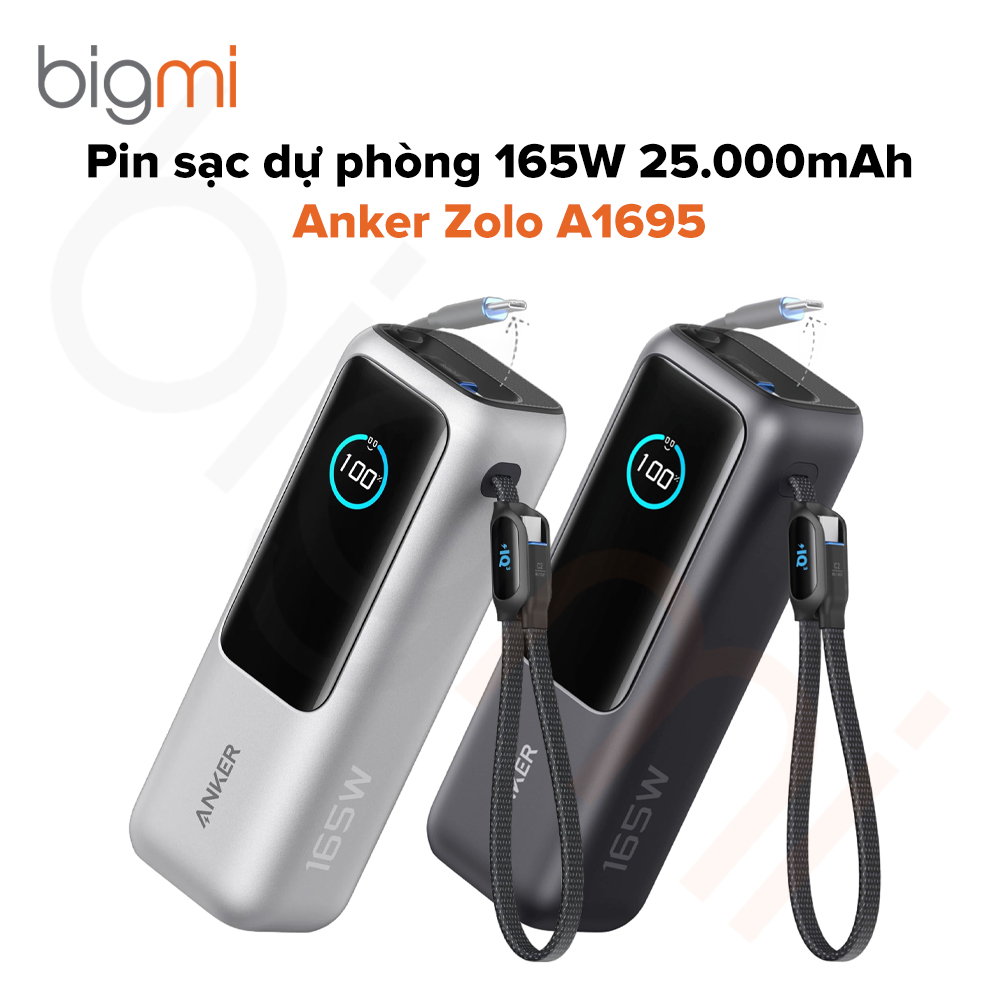 Pin sạc dự phòng Anker Zolo A1695 165W 25.000mAh Type-C PD QC 3.0 kèm cáp dây rút Type C