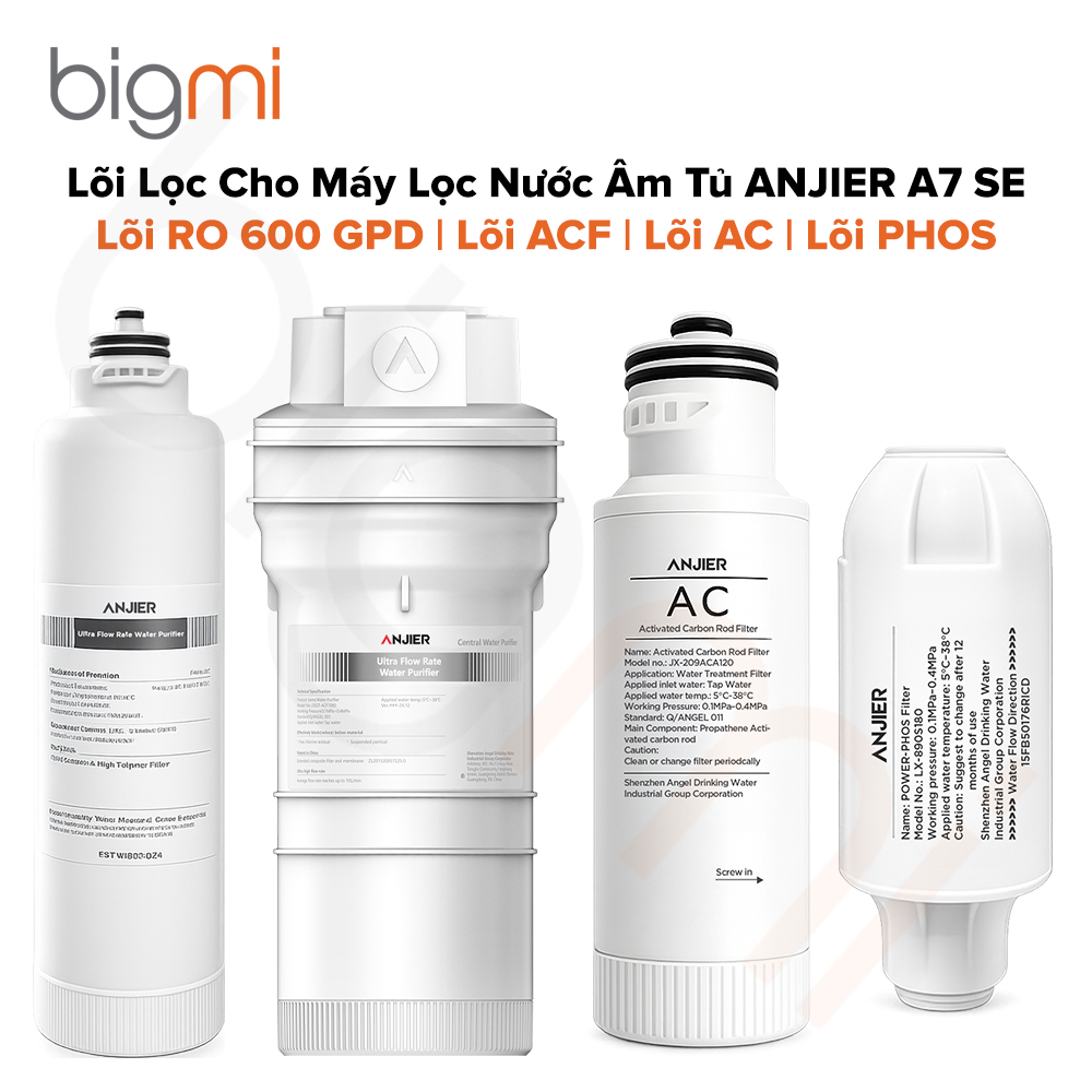Lõi Lọc Thay Thế Cho Máy Lọc Nước Âm Tủ ANJIER A7 SE | Lõi RO 600 GPD – Lõi ACF – Lõi AC – Lõi PHOS